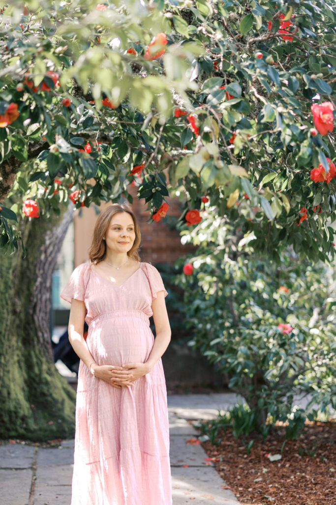 Bay Area Filoli maternity photography session in springtime with magnolias