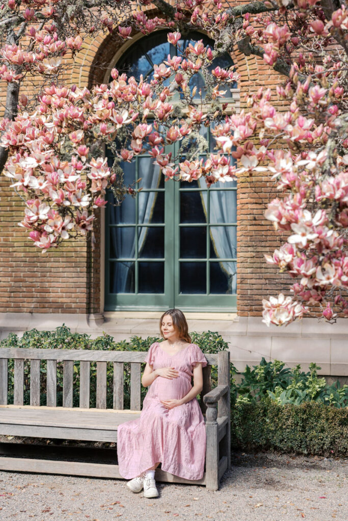 Bay Area Filoli maternity photography session in springtime with magnolias