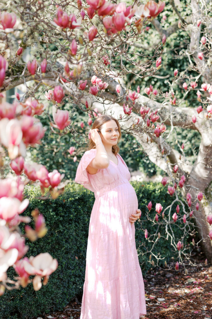 Woman touches her pregnant belly under the magnolia tree at Filoli during her Bay Area maternity photography session