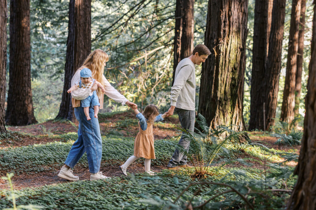 family of four walks in the redwood grove at Berkeley Botanical Gardens during family photoshoot