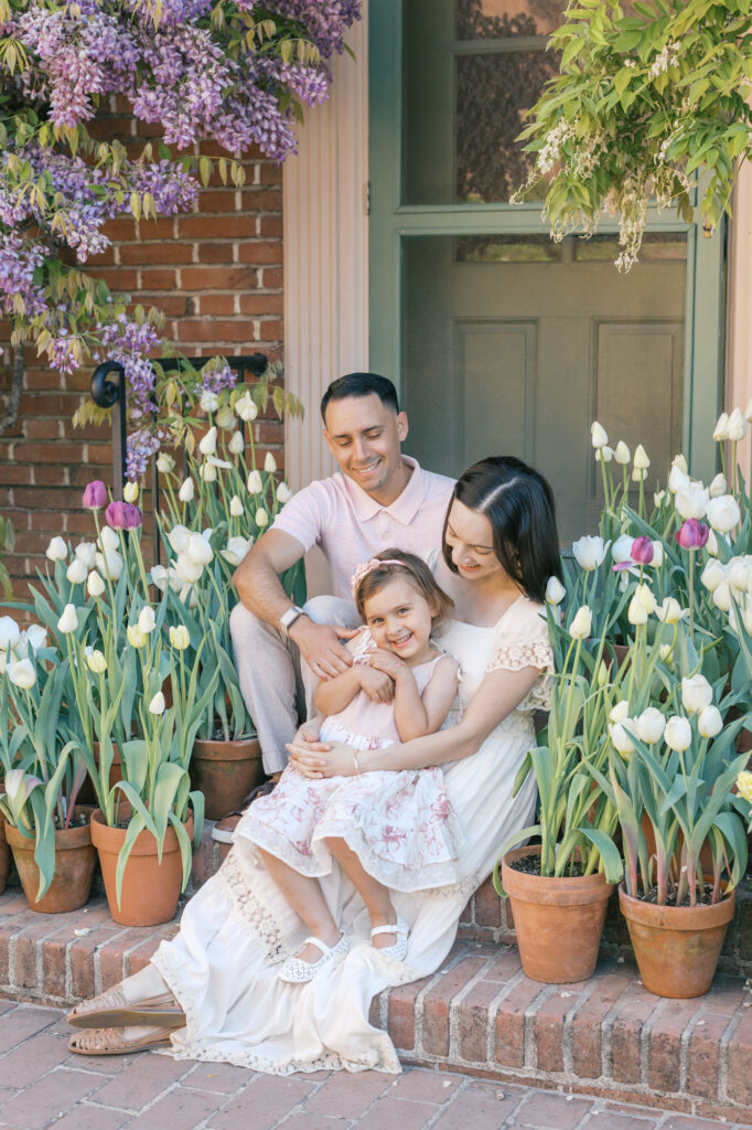 Filoli photographer captures family of three during tulip and wisteria season for their Bay Area Maternity photography session