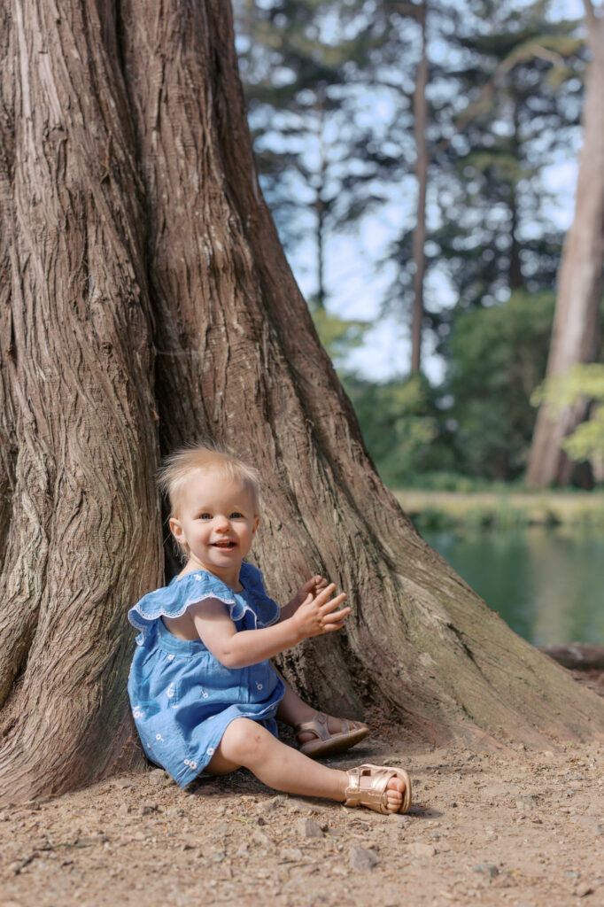 Toddler sits beneath a tree at Golden Gate Park and plays during family photography session