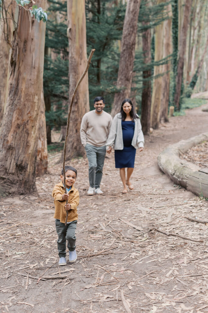 toddler holds large stick as he walks in front of his parents during their maternity photography session in the Presidio, San Francisco