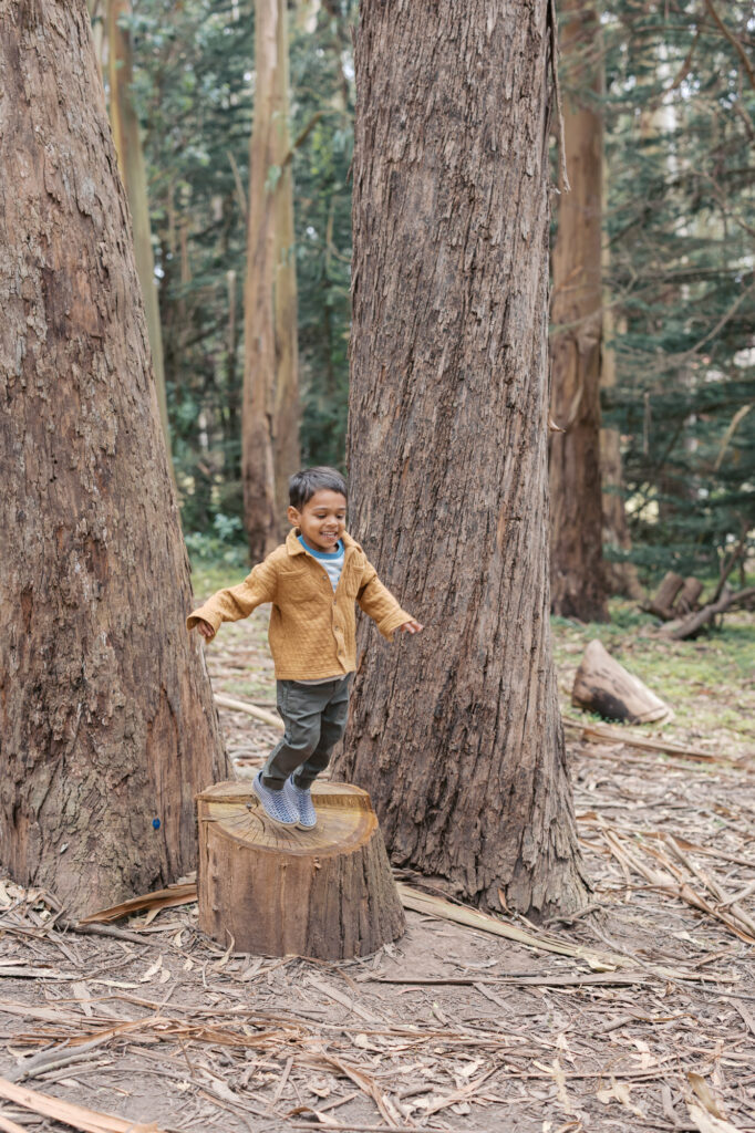 toddler jumps off of a tree stump at Woodline in the Presidio during San Francisco maternity photography session