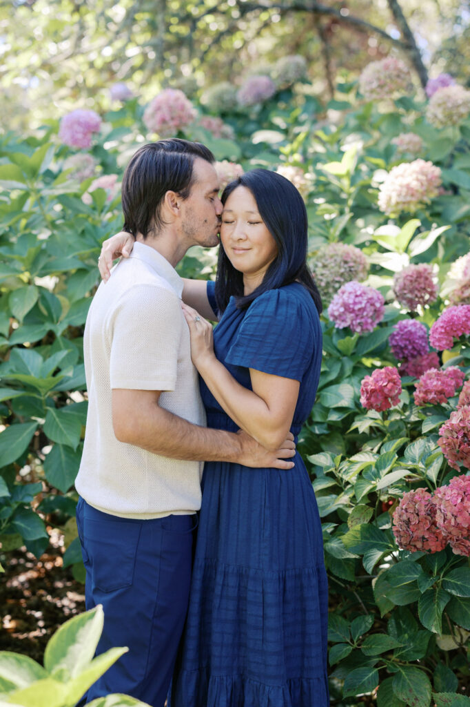 Couple cuddles amongst the hydrangeas at Filoli in summer